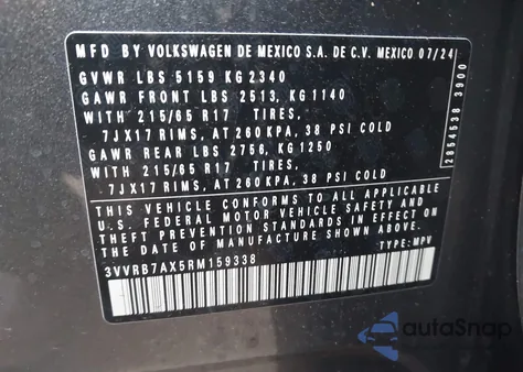 2024 Volkswagen Tiguan 2.0T S z USA, uszkodzony, nr VIN 3VVRB7AX5RM159338